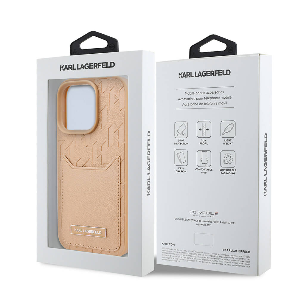 Apple iPhone 16 Pro Max Kılıf Karl Lagerfeld Orjinal Lisanslı KL Desenli Kartlıklı Monogram Kapak Kahverengi