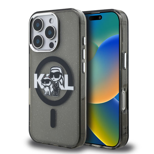 Apple iPhone 16 Pro Max Kılıf Karl Lagerfeld Orjinal Lisanslı Parlayan Simli Karl & Choupette Sketch Logo Kapak Siyah
