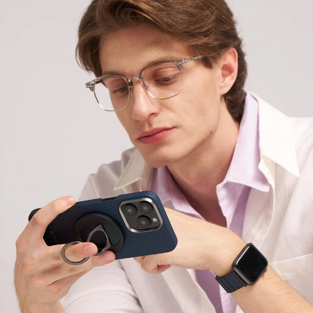 Apple iPhone 16 Pro Max Kılıf M-safe Şarj Özellikli Grip 3 Standlı Aramid Fiber Pitaka Tactile Woven Sunset-Moonrise Serisi Moonrise Kapak Mavi