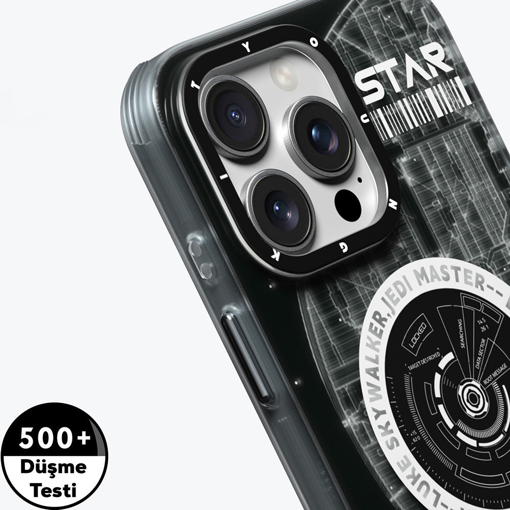 Apple iPhone 16 Pro Max Kılıf M-safe Şarj Özellikli Airbagli Hologram Tasarımlı Youngkit Interstellar Serisi Kapak Siyah-Turuncu