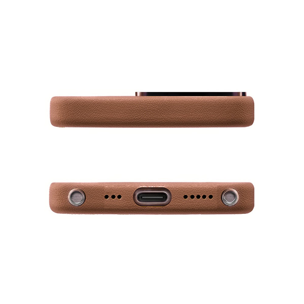 Apple iPhone 16 Pro Max Kılıf M-safe Şarj Özellikli Standlı Suni Deri Tasarımlı Pynana Dancing Circle Serisi Kapak Kahverengi