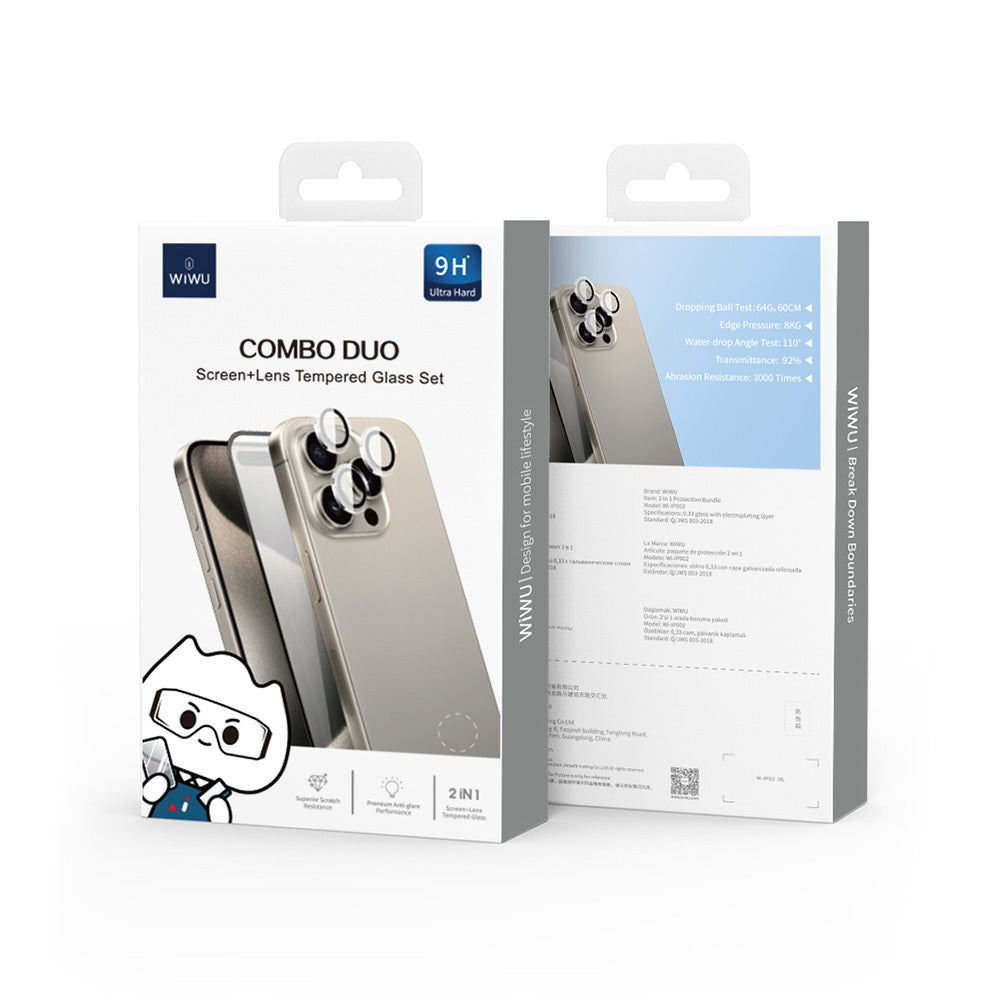Apple iPhone 16 Wiwu Wi-IP002 2in1 Temperli Cam Ahize Toz Önleyici Ekran Koruyucu ve Kamera Lens Koruyucu Set Şeffaf