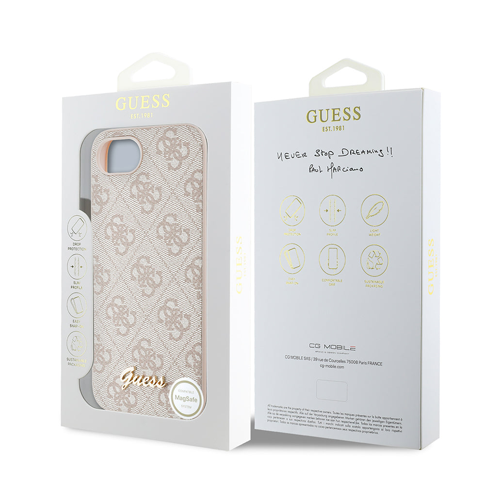 Apple iPhone 16E Kılıf Guess Orjinal Lisanslı 4G Desenli Script Metal Logolu Kapak Pembe