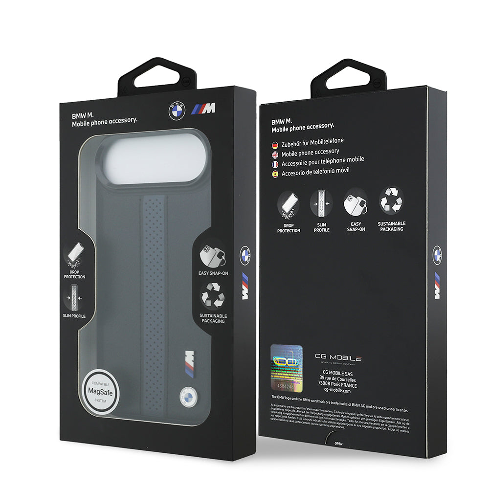 Apple iPhone 17 Air Kılıf BMW Orjinal Lisanslı M-safe Şarj Özellikli Deri Arka Yüzey Metal Logolu Delikli Şerit Tasarımlı Kapak Mavi