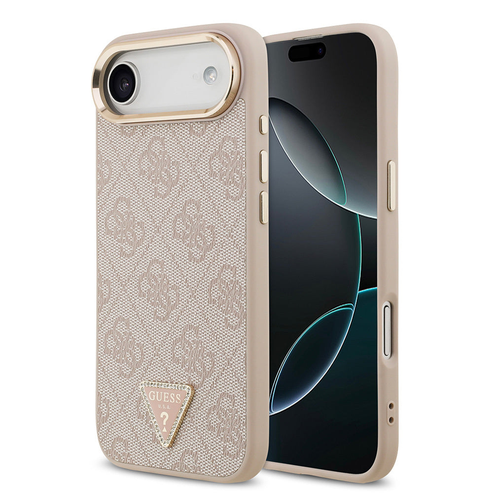 Apple iPhone 17 Air Kılıf Guess Orjinal Lisanslı M-safe Şarj Özellikli Gold Metal Kamera Çerçeveli Taşlı Üçgen Logo 4G Desenli Kapak