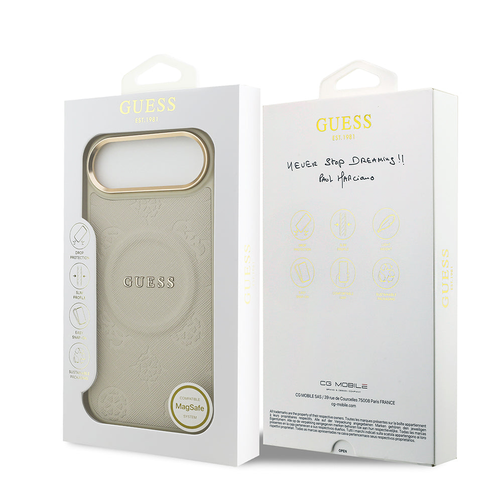 Apple iPhone 17 Air Kılıf Guess Orjinal Lisanslı M-safe Şarj Özellikli Sıcak Baskılı Yazı Logolu PU Deri Peony Kapak Siyah