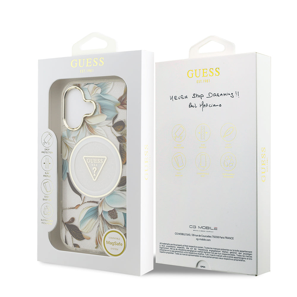 Apple iPhone 17 Kılıf Guess Orjinal Lisanslı M-safe Şarj Özellikli Simli Çiçek Desenli Metal Kamera Çerçeveli Üçgen Logolu Kapak Beyaz