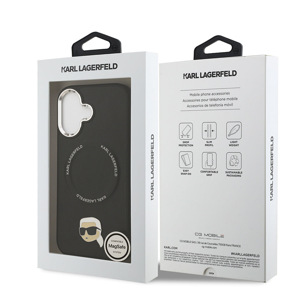 Apple iPhone 17 Kılıf Karl Lagerfeld Orjinal Lisanslı M-safe Şarj Özellikli Metal Kamera ve Buton Tasarımlı Karl PU Deri Kapak Siyah