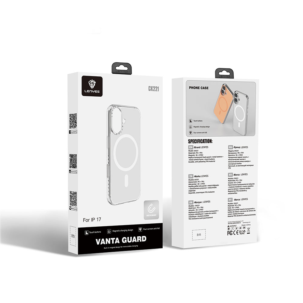 Apple iPhone 17 Kılıf M-safe Şarj Özellikli Metal Kamera Çerçeveli Airbag Tasarımlı Lenyes CK221 Sert PC Kapak Şeffaf