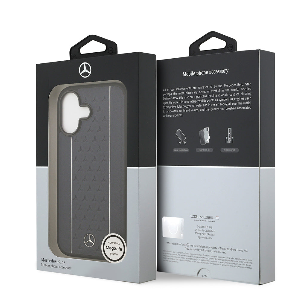Apple iPhone 17 Kılıf Mercedes Benz Orjinal Lisanslı M-safe Şarj Özellikli Şeritli Yıldız Desenli Metal Logolu Deri Kapak Lacivert