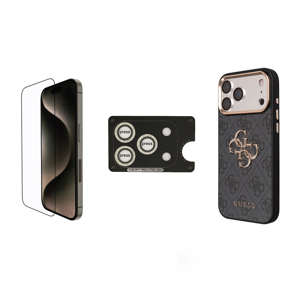 Apple iPhone 17 Pro Guess Orjinal Lisanslı Büyük 4G ve Yazı Logolu Kılıf + Ekran Koruyucu + Lens Koruyucu 3in1 Aksesuar Seti