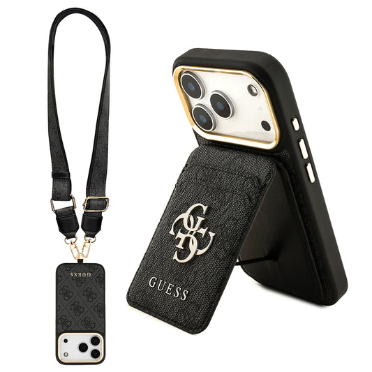 Apple iPhone 17 Pro Kılıf Guess Orjinal Lisanslı M-safe Şarj Özellikli Askılı ve 4G Logo Kartlıklı Kapak Kahverengi