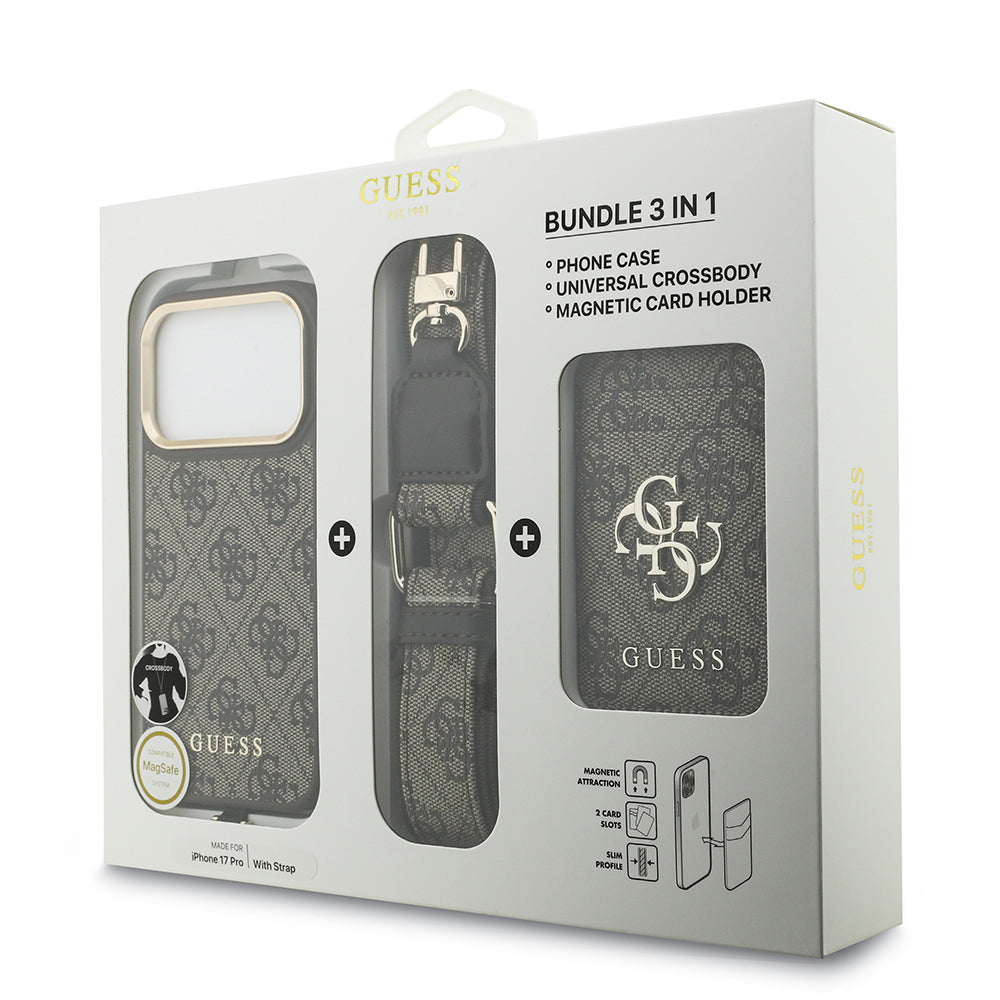 Apple iPhone 17 Pro Kılıf Guess Orjinal Lisanslı M-safe Şarj Özellikli Askılı ve 4G Logo Kartlıklı Kapak Kahverengi