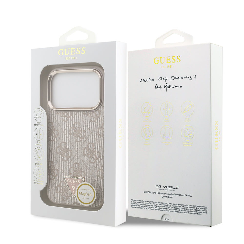 Apple iPhone 17 Pro Kılıf Guess Orjinal Lisanslı M-safe Şarj Özellikli Gold Metal Kamera Çerçeveli Taşlı Üçgen Logo 4G Desenli Kapak Kahverengi