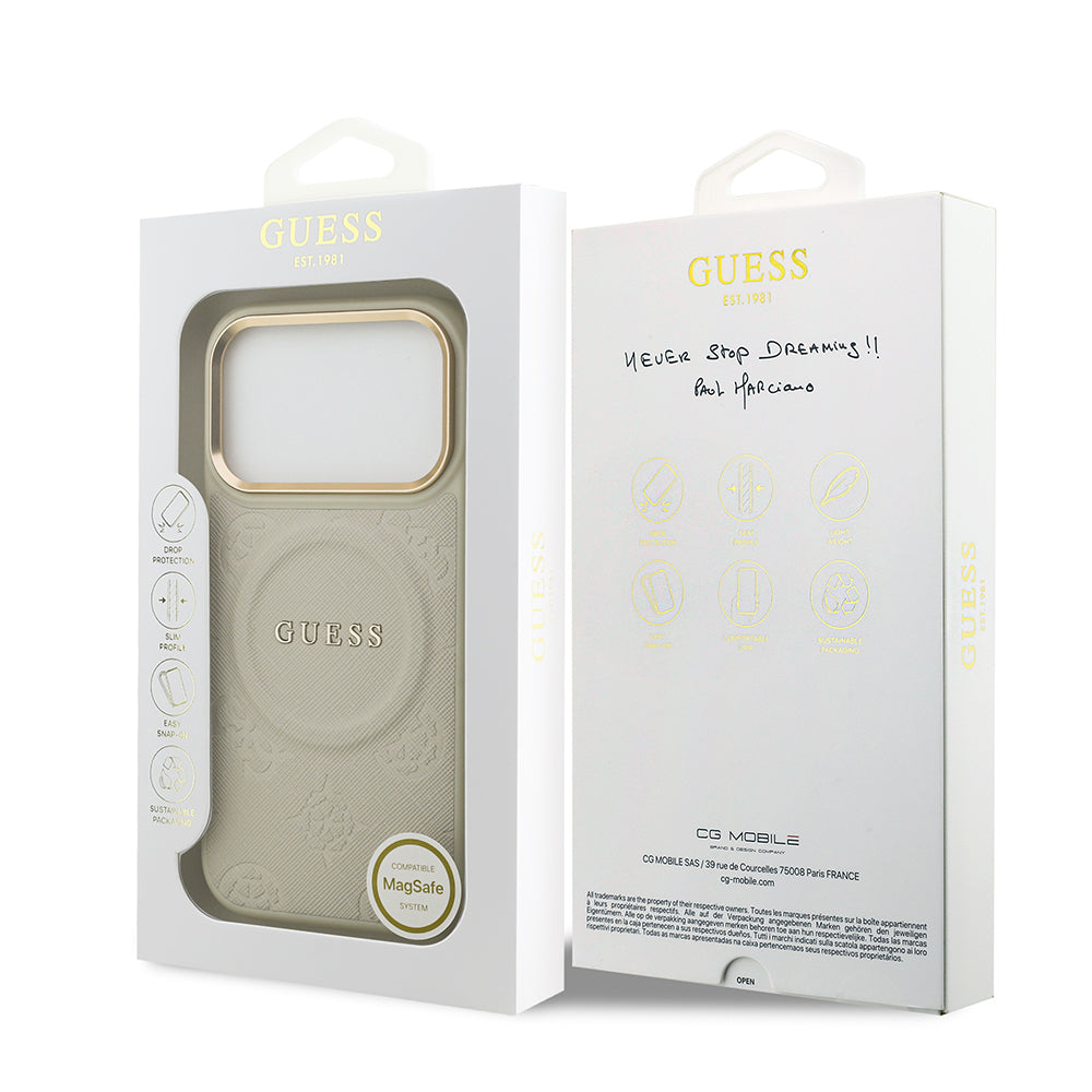 Apple iPhone 17 Pro Kılıf Guess Orjinal Lisanslı M-safe Şarj Özellikli Sıcak Baskılı Yazı Logolu PU Deri Peony Kapak Bej