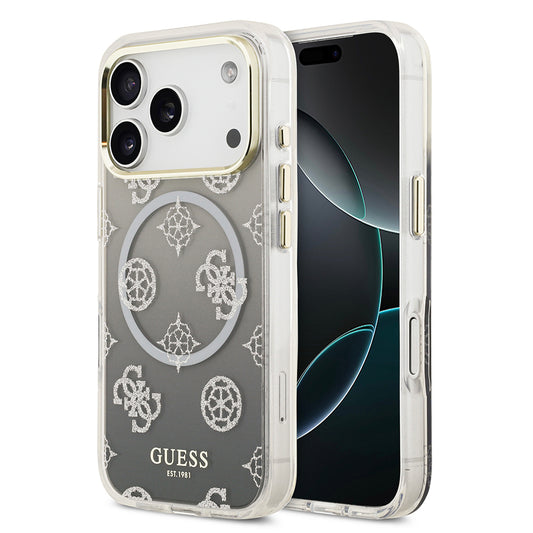 Apple iPhone 17 Pro Kılıf Guess Orjinal Lisanslı M-safe Şarj Özellikli Simli Peony Desenli Silikon Kapak Pembe