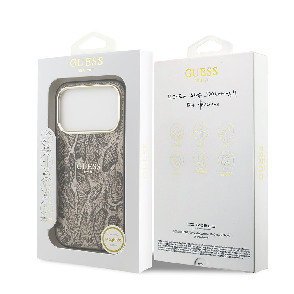 Apple iPhone 17 Pro Kılıf Guess Orjinal Lisanslı M-safe Şarj Özellikli Yazı Logolu Python Desenli Kapak Siyah