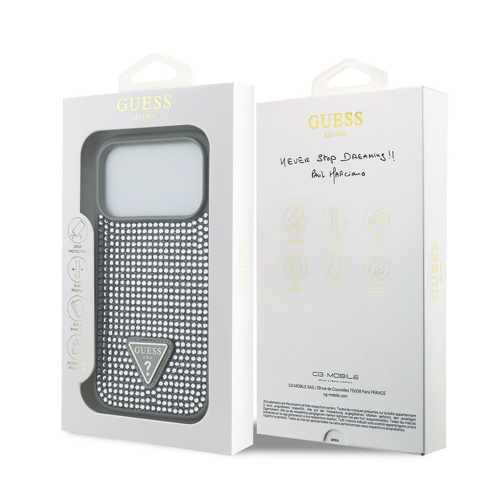Apple iPhone 17 Pro Kılıf Guess Orjinal Lisanslı Taşlı Arka Yüzey Üçgen Logolu Kapak Gümüş