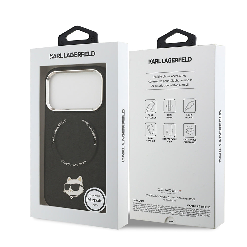 Apple iPhone 17 Pro Kılıf Karl Lagerfeld Orjinal Lisanslı M-safe Şarj Özellikli Metal Kamera ve Buton Tasarımlı Choupette PU Deri Kapak Siyah