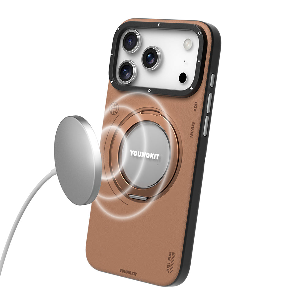 Apple iPhone 17 Pro Kılıf M-safe Şarj Özellikli 360 Derece Standlı Basit Mat Deri Desenli Youngkit Tech Leather Serisi Kapak Gri