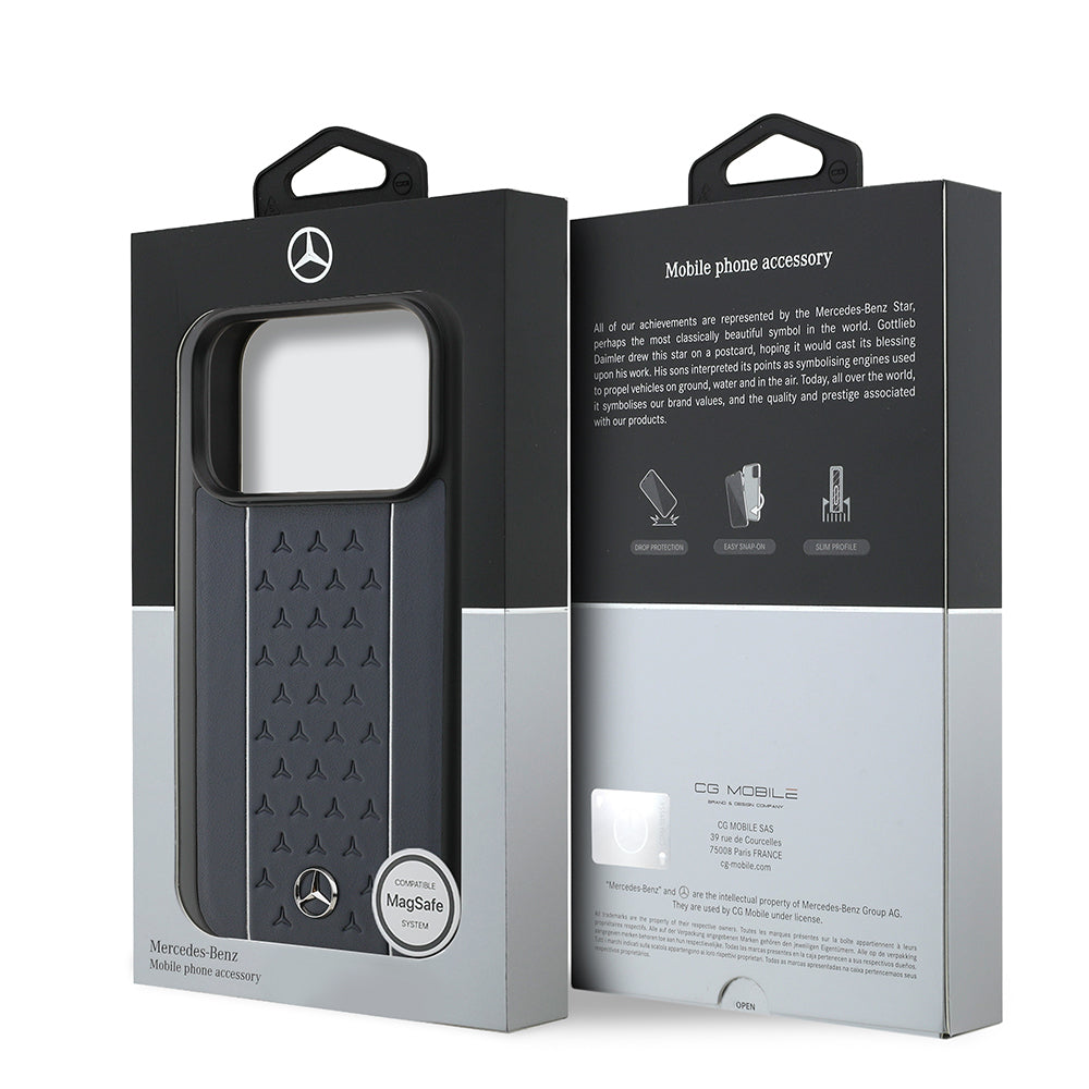 Apple iPhone 17 Pro Kılıf Mercedes Benz Orjinal Lisanslı M-safe Şarj Özellikli Şeritli Yıldız Desenli Metal Logolu Deri Kapak Siyah