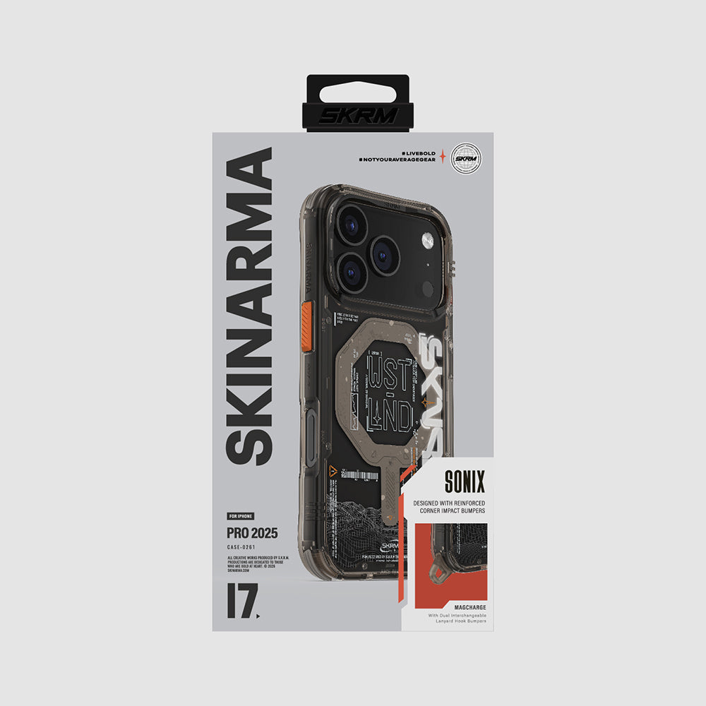 Apple iPhone 17 Pro Kılıf Skinarma M-safe Şarj Özellikli Yazı Desenli Airbag Tasarımlı Sonix Kapak Siyah