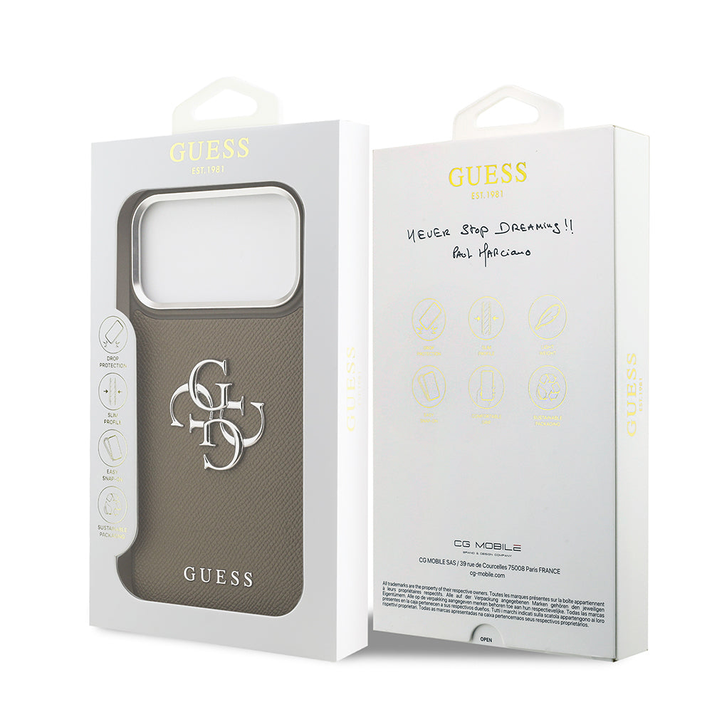 Apple iPhone 17 Pro Max Kılıf Guess Orjinal Lisanslı Grained 4G Metal Büyük Logolu Kapak Kahverengi