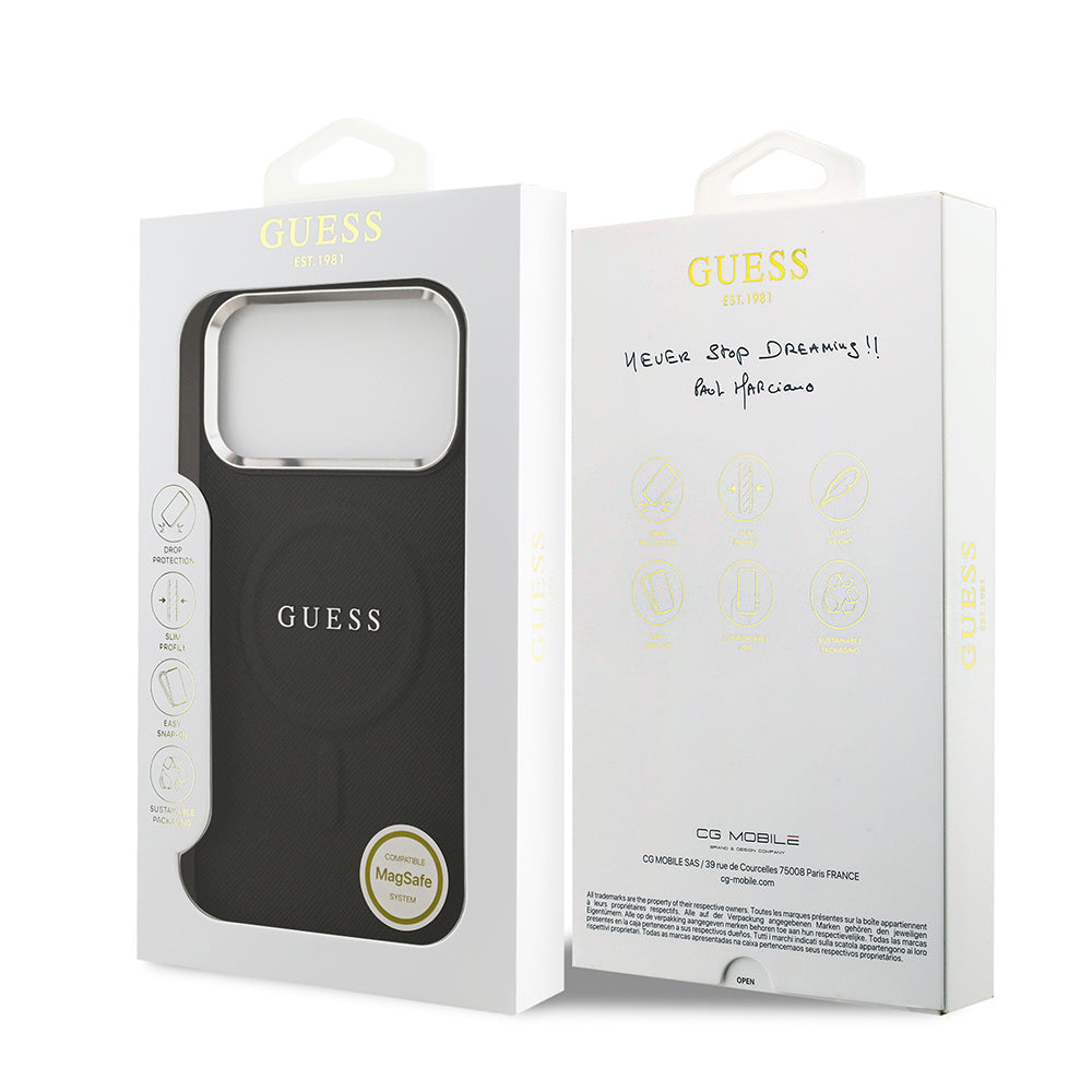 Apple iPhone 17 Pro Max Kılıf Guess Orjinal Lisanslı M-safe Şarj Özellikli Klasik Yazı Logolu PU Deri Kapak Kahverengi