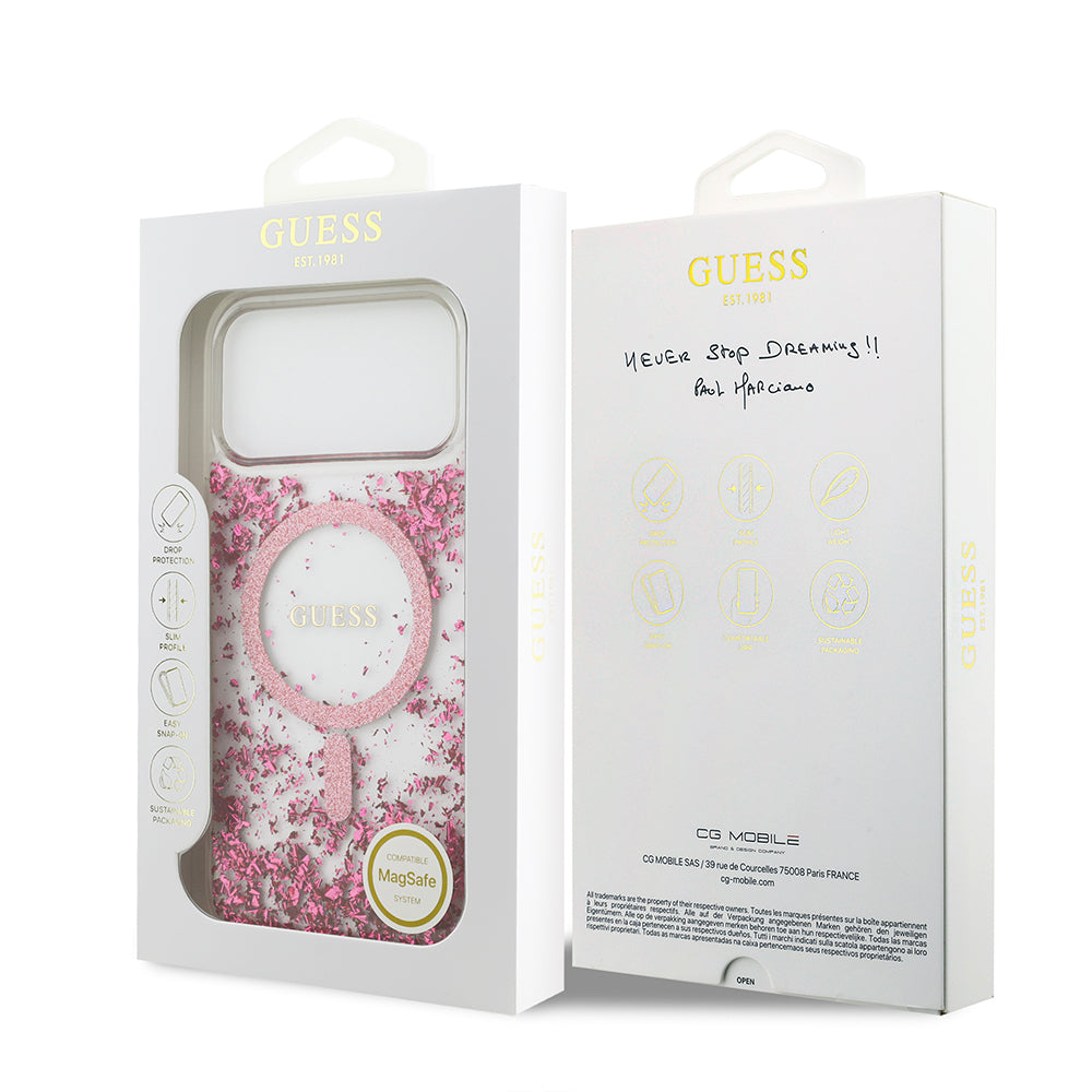 Apple iPhone 17 Pro Max Kılıf Guess Orjinal Lisanslı M-safe Şarj Özellikli Transparan Resin Bottom Kapak Pembe