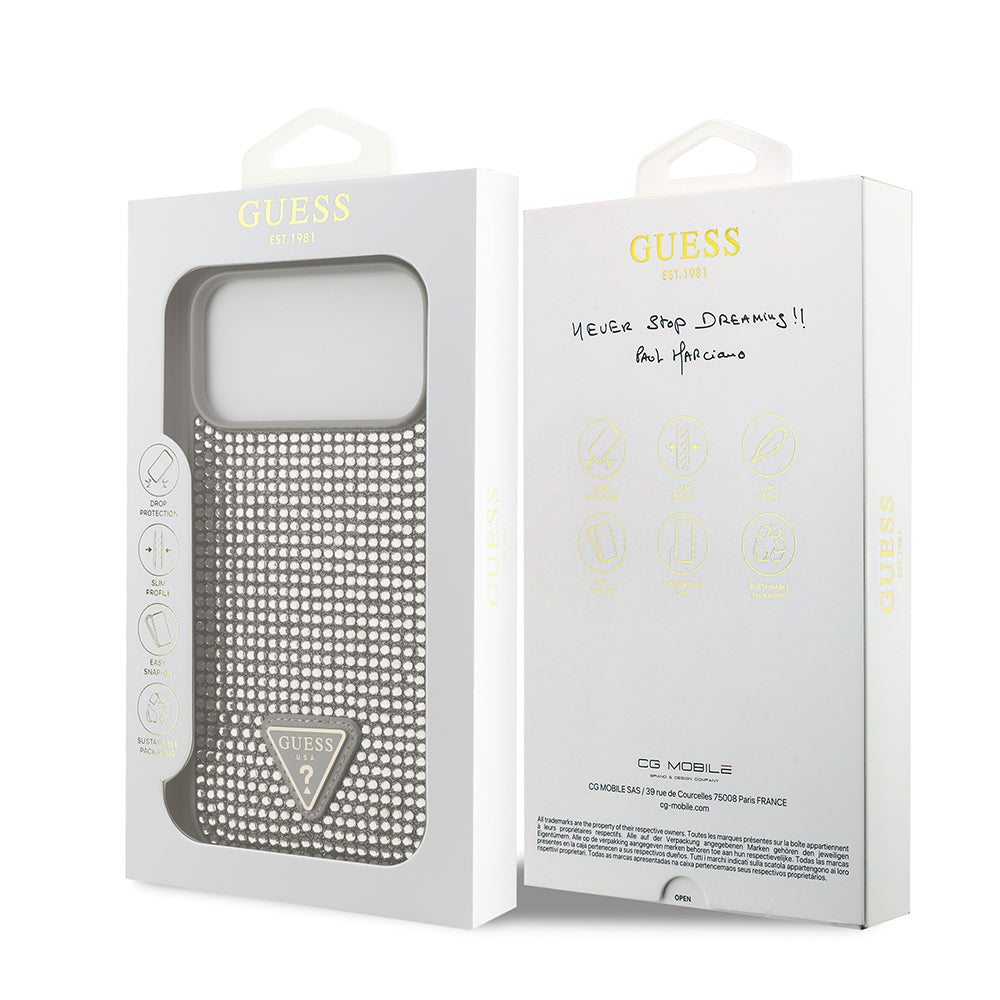 Apple iPhone 17 Pro Max Kılıf Guess Orjinal Lisanslı Taşlı Arka Yüzey Üçgen Logolu Kapak Siyah