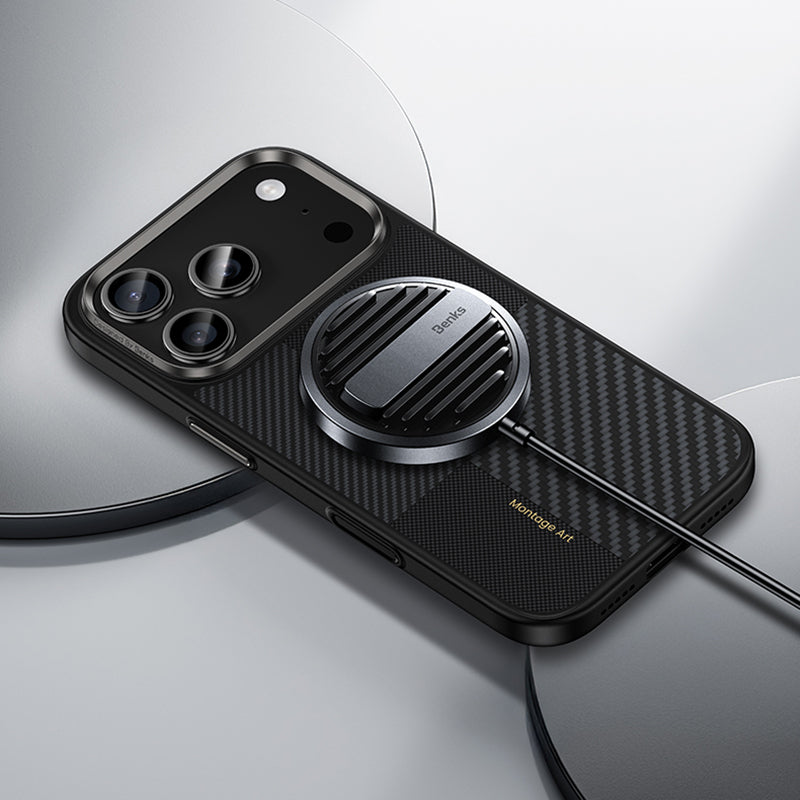 Apple iPhone 17 Pro Max Kılıf M-safe Şarj Özellikli Karbon Fiber Benks Montage Hybrid ArmorPro Kevlar Kapak Siyah