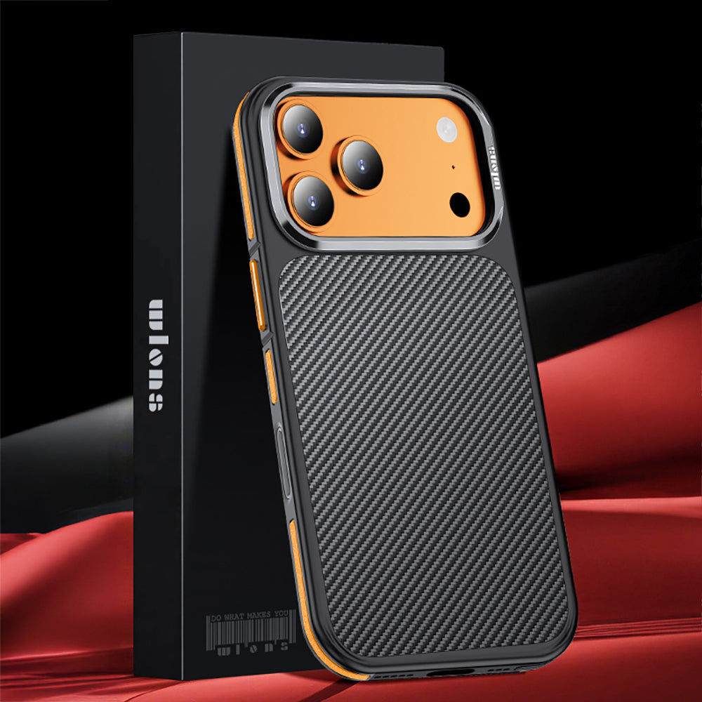 Apple iPhone 17 Pro Max Kılıf Mat Transparan Karbon Fiber Görünümlü Wlons Marin Kapak Turuncu