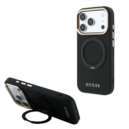 Apple iPhone 18 Pro Kılıf Guess Orjinal Lisanslı M-safe Şarj Özellikli 360 Derece Dönebilen Standlı PU Metal Yazı Logolu Kapak