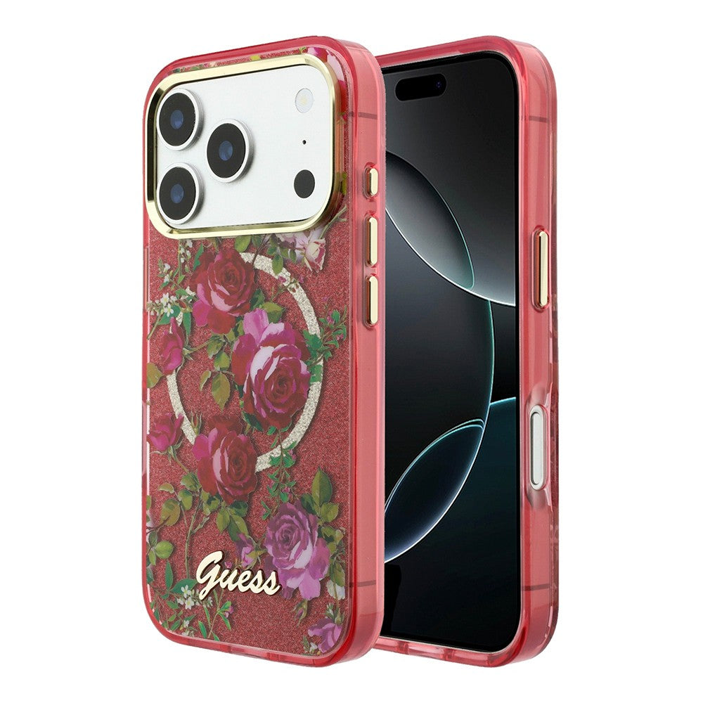 Apple iPhone 18 Pro Kılıf Guess Orjinal Lisanslı M-safe Şarj Özellikli Gül Desenli Simli Yazı Logolu Kapak