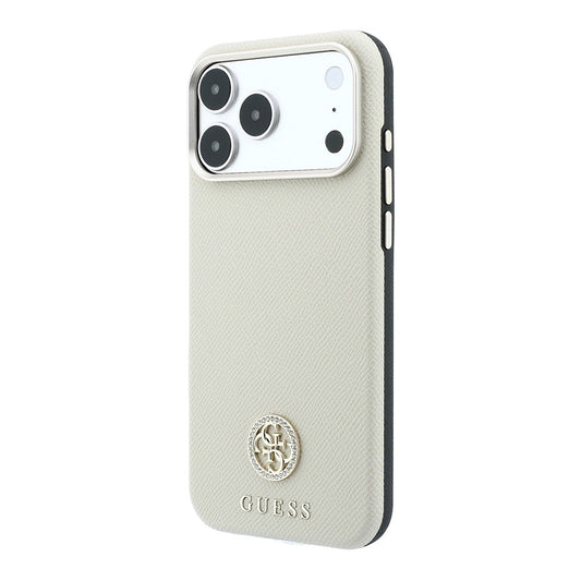 Apple iPhone 18 Pro Kılıf Guess Orjinal Lisanslı M-safe Şarj Özellikli PU Taşlı Metal 4G ve Yazı Logolu Kapak