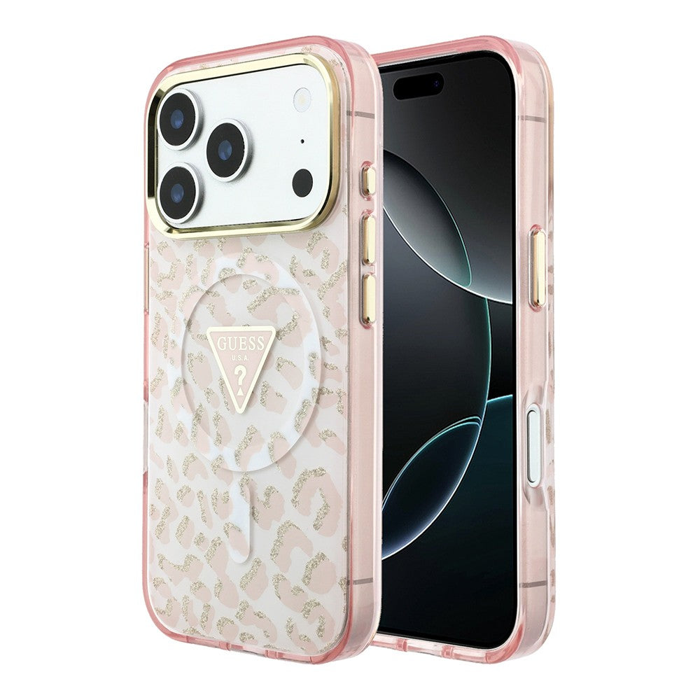 Apple iPhone 18 Pro Kılıf Guess Orjinal Lisanslı M-safe Şarj Özellikli Üçgen Logolu Simli Leopar Desenli Kapak
