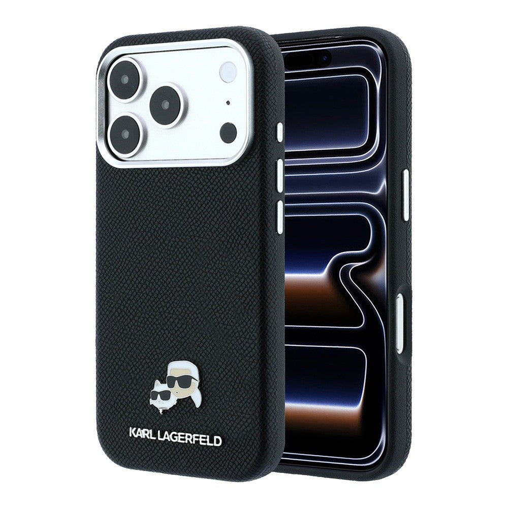 Apple iPhone 18 Pro Kılıf Karl Lagerfeld Orjinal Lisanslı M-Safe Şarj Özellikli K&C Heads Metal Logolu PU Kapak
