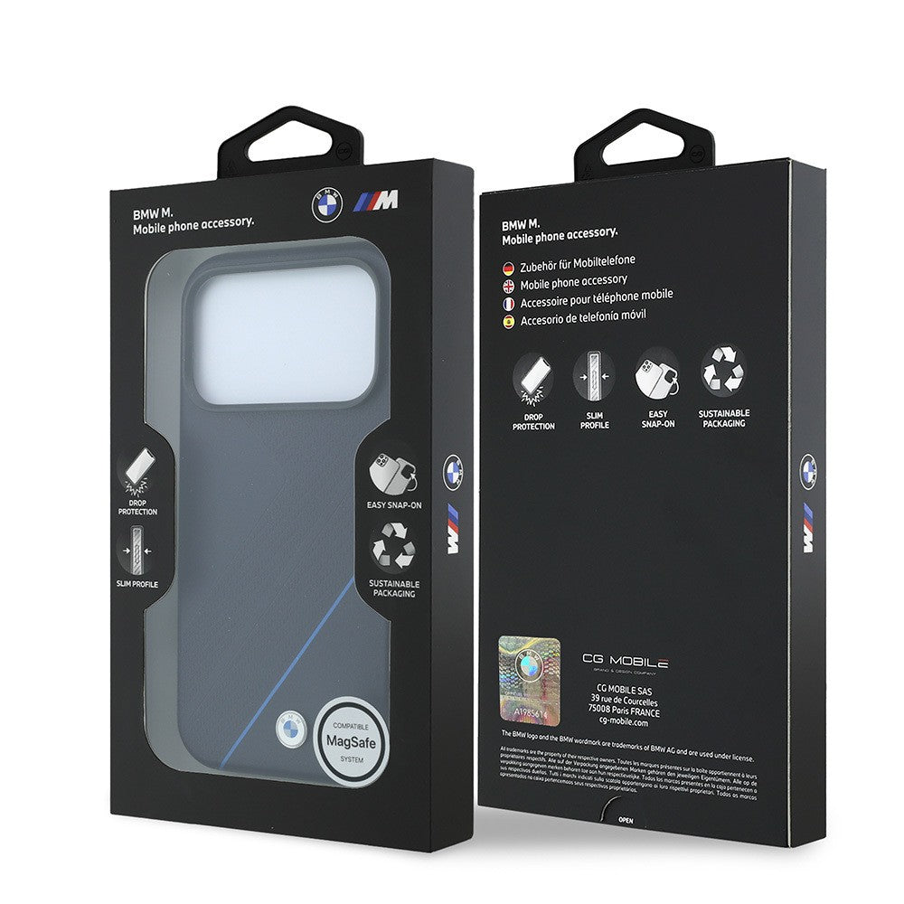 Apple iPhone 18 Pro Max Kılıf BMW Orjinal Lisanslı M-safe Şarj Özellikli M Logolu Lastik İzi Desenli Mavi Çizgili Kapak