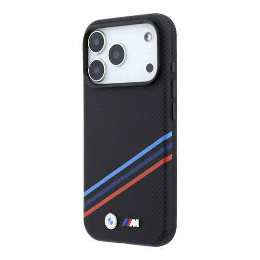 Apple iPhone 18 Pro Max Kılıf BMW Orjinal Lisanslı M-safe Şarj Özellikli Üç Şeritli Metal M Logolu Karbon Fiber Kevlar Kapak