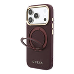 Apple iPhone 18 Pro Max Kılıf Guess Orjinal Lisanslı M-safe Şarj Özellikli 360 Derece Dönebilen Standlı PU Metal Yazı Logolu Kapak