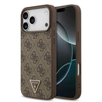Apple iPhone 18 Pro Max Kılıf Guess Orjinal Lisanslı M-safe Şarj Özellikli PU Deri Taşlı Üçgen Logo 4G Desenli Strass Kapak