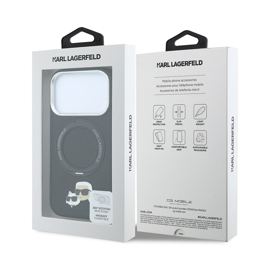 Apple iPhone 18 Pro Max Kılıf Karl Lagerfeld Orjinal Lisanslı M-Safe Şarj Özellikli K&C Heads Pin Metal Logolu PU 360 Derece Dönebilen Standlı Kapak