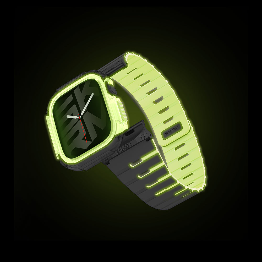 Apple Watch 10 42mm Skinarma Nightglow Atom TPU Kasa Koruyucu + Gemini Silikon Kordon Gri-Yeşil