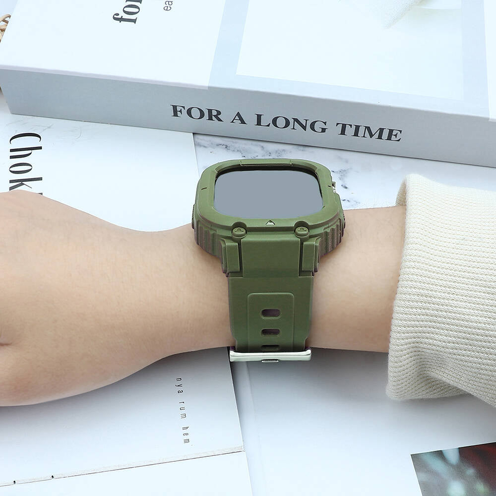 Apple Watch 7 45mm Wiwu Wi-WB014 Armor Serisi 2in1 Sert PC Kasa Koruyuculu Silikon Kordon Yeşil