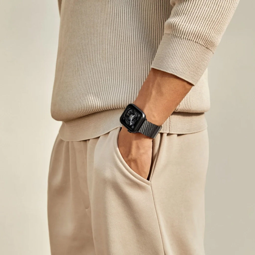 Apple Watch Serisi Uyumlu Karbon Fiber Pitaka Modern Serisi Black-Grey Twill Universal Kordon Siyah-Gri