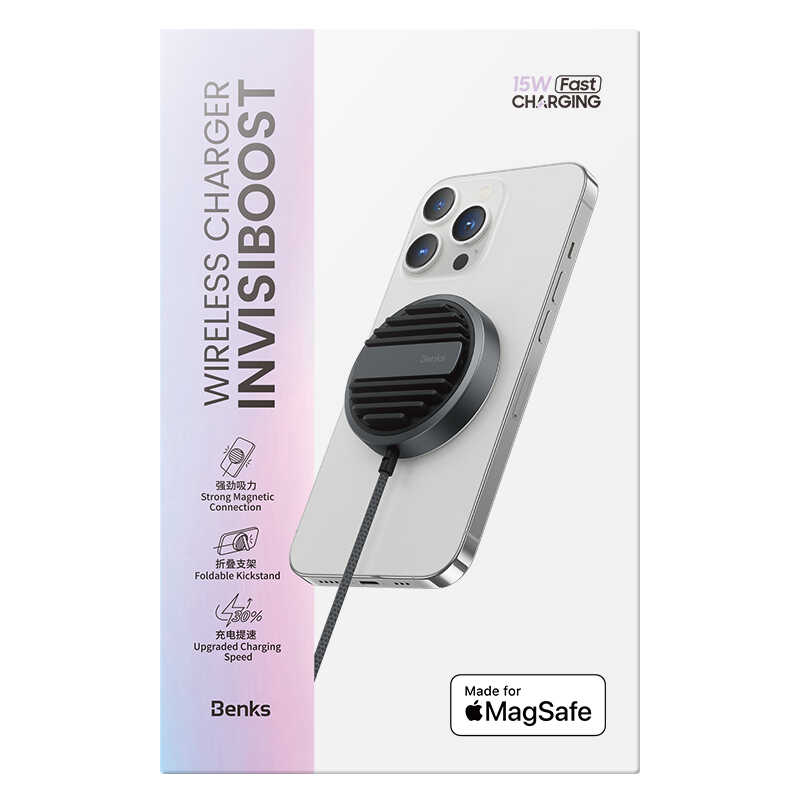 Benks MFM01 MFI Sertifikalı Standlı 15W Hızlı Şarj Özellikli M-safe PD Wireless Şarj Aleti Siyah