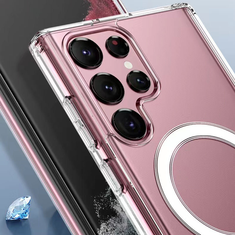 Galaxy S22 Ultra Kılıf Zore M-safe Şarj Özellikli Şeffaf Sert PC Zore Embos Kapak Renksiz