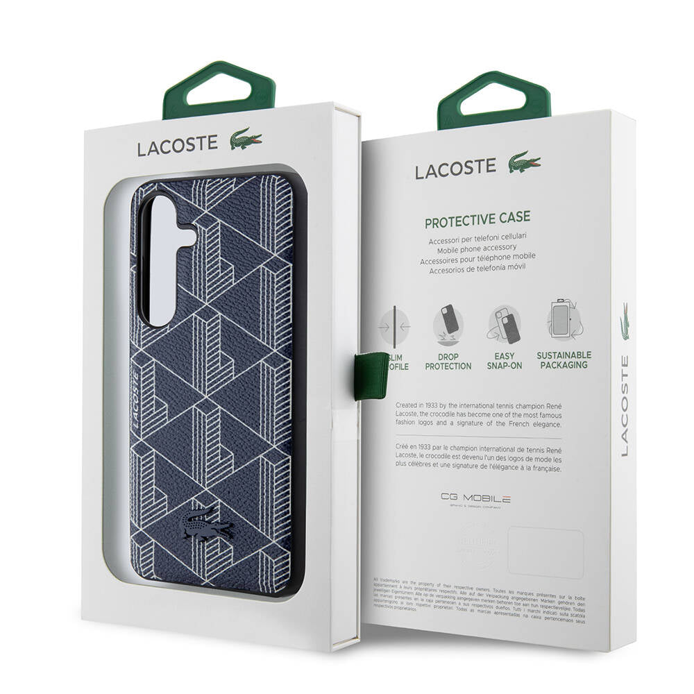 Galaxy S24 Kılıf Lacoste Orjinal Lisanslı M-safe Şarj Özellikli PU Deri Görünümlü Karışık Monogram Desenli Kapak Siyah