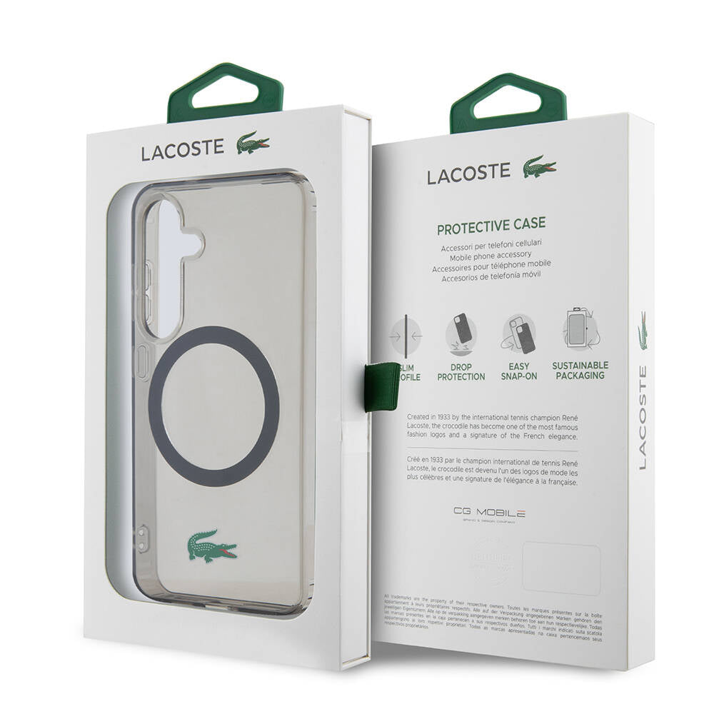 Galaxy S24 Kılıf Lacoste Orjinal Lisanslı M-safe Şarj Özellikli Transparan Timsah Logo Baskılı Kapak Siyah