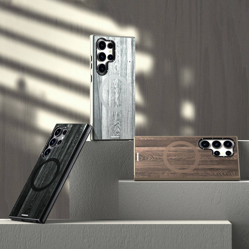 Galaxy S24 Ultra Kılıf M-safe Şarj Özellikli Sararmaya Dayanıklı Youngkit Wood Forest Serisi Kapak Kahverengi